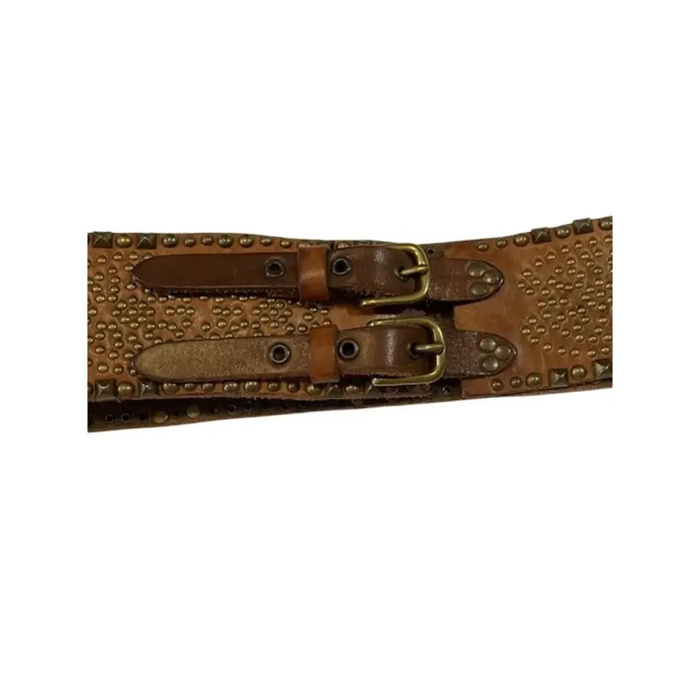 Jigsaw-VTG Genuine Brown Leather Belt with Bronze Studs/Brass Buckle